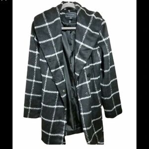 Metaphor Shawl Collar Belted Black and White Plaid Coat Jacket with Hood Size 1X
